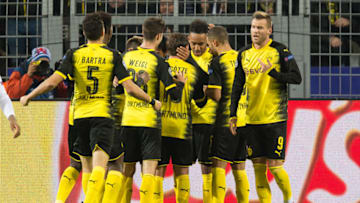 DORTMUND, GERMANY - NOVEMBER 21: Auba, Pierre-Emerick Aubameyang of Borussia Dortmund celebrates after scoring his team`s first goal with team mates during the UEFA Champions League group H match between Borussia Dortmund and Tottenham Hotspur at Signal Iduna Park on November 21, 2017 in Dortmund, Germany. (Photo by TF-Images/TF-Images via Getty Images)
