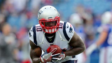 ORCHARD PARK, NY - SEPTEMBER 29: Josh Gordon #10 of the New England Patriots catches a pass before a game against the Buffalo Bills at New Era Field on September 29, 2019 in Orchard Park, New York. (Photo by Timothy T Ludwig/Getty Images)