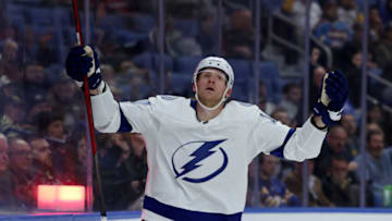 Nov 28, 2022; Buffalo, New York, USA; Tampa Bay Lightning right wing Corey Perry (10) reacts after scoring a goal during the first period against the Buffalo Sabres at KeyBank Center. Mandatory Credit: Timothy T. Ludwig-USA TODAY Sports