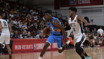 LAS VEGAS, NV - JULY 7: Daniel Hamilton #25 of the Oklahoma City Thunder handles the ball against the Brooklyn Nets during the 2018 Las Vegas Summer League on July 7, 2018 at the Cox Pavilion in Las Vegas, Nevada. NOTE TO USER: User expressly acknowledges and agrees that, by downloading and/or using this Photograph, user is consenting to the terms and conditions of the Getty Images License Agreement. Mandatory Copyright Notice: Copyright 2018 NBAE (Photo by David Dow/NBAE via Getty Images)