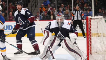 DENVER, CO - MARCH 31: Goaltender Calvin Pickard #31 and Erik Johnson #6 of the Colorado Avalanche defend the net against the St. Louis Blues at the Pepsi Center on March 31, 2017 in Denver, Colorado. The Avalanche defeated the Blues 2-1 in a shootout. (Photo by Michael Martin/NHLI via Getty Images)