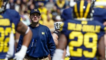 Apr 4, 2015; Ann Arbor, MI, USA; Michigan Wolverines head coach Jim Harbaugh is seen during the Spring football game at Michigan Stadium. Mandatory Credit: Rick Osentoski-USA TODAY Sports