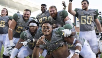 Sep 10, 2016; Waco, TX, USA; The Baylor Bears celebrate the win over the Southern Methodist Mustangs at McLane Stadium. The Bears defeat the Mustangs 40-13. Mandatory Credit: Jerome Miron-USA TODAY Sports