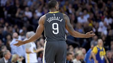 OAKLAND, CA - FEBRUARY 06: Andre Iguodala #9 of the Golden State Warriors reacts after he was called for a foul against the Oklahoma City Thunder during the second half of their NBA basketball game at ORACLE Arena on February 6, 2018 in Oakland, California. NOTE TO USER: User expressly acknowledges and agrees that, by downloading and or using this photograph, User is consenting to the terms and conditions of the Getty Images License Agreement. (Photo by Thearon W. Henderson/Getty Images)