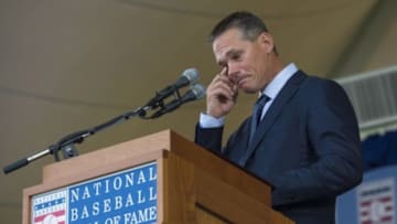 Jul 26, 2015; Cooperstown, NY, USA; Hall of Fame Inductee Craig Biggio reacts during his acceptance speech into the Hall of Fame Induction Ceremonies at Clark Sports Center. Mandatory Credit: Gregory J. Fisher-USA TODAY Sports