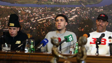 PRIENAI, LITHUANIA - JANUARY 05: LaVar Ball along with his sons LiAngelo and LaMelo Ball during a press conference after LiAngelo and LaMelo's first training session with Vytautas Prienai on January 5, 2018 in Prienai, Lithuania. (Photo by Alius Koroliovas/Getty Images)