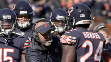 CHICAGO, IL - OCTOBER 21: Head coach Matt Nagy of the Chicago Bears and Jordan Howard #24 celebrate after Howard scored against the New England Patriots in the second quarter at Soldier Field on October 21, 2018 in Chicago, Illinois. (Photo by Jonathan Daniel/Getty Images)