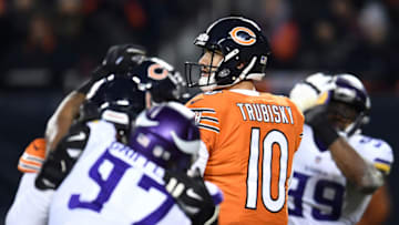CHICAGO, IL - NOVEMBER 18: Quarterback Mitchell Trubisky #10 of the Chicago Bears looks to pass the football in the third quarter against the Minnesota Vikings at Soldier Field on November 18, 2018 in Chicago, Illinois. (Photo by Stacy Revere/Getty Images)