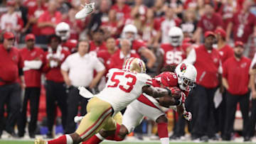 GLENDALE, AZ - OCTOBER 01: Middle linebacker NaVorro Bowman #53 of the San Francisco 49ers tackles running back Andre Ellington #38 of the Arizona Cardinals during overtime of the NFL game at the University of Phoenix Stadium on October 1, 2017 in Glendale, Arizona. Arizona won 18-15. (Photo by Christian Petersen/Getty Images)