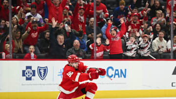 Nov 4, 2023; Detroit, Michigan, USA; Detroit Red Wings defenseman Jake Walman (96) celebrates his goal during the second period against the Boston Bruins at Little Caesars Arena. Mandatory Credit: Tim Fuller-USA TODAY Sports