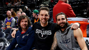 SALT LAKE CITY, UT - FEBRUARY 9: Raul Lopez, Pau Gasol #16 of the San Antonio Spurs, and Ricky Rubio #3 of the Utah Jazz pose for a photo before the game on February 9, 2019 at Vivint Smart Home Arena in Salt Lake City, Utah. NOTE TO USER: User expressly acknowledges and agrees that, by downloading and or using this Photograph, User is consenting to the terms and conditions of the Getty Images License Agreement. Mandatory Copyright Notice: Copyright 2019 NBAE (Photo by Melissa Majchrzak/NBAE via Getty Images)