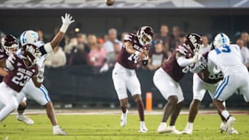 STARKVILLE, MISSISSIPPI - NOVEMBER 04: Quarterback Mike Wright #14 of the Mississippi State Bulldogs during their game against the Kentucky Wildcats at Davis Wade Stadium on November 04, 2023 in Starkville, Mississippi. (Photo by Michael Chang/Getty Images)