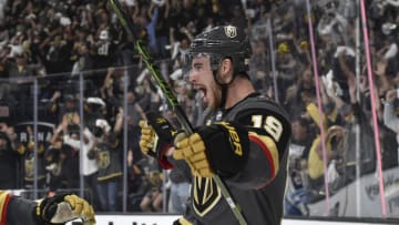 LAS VEGAS, NV - MAY 18: Reilly Smith #19 of the Vegas Golden Knights celebrates after scoring a goal against the Winnipeg Jets in Game Four of the Western Conference Final during the 2018 NHL Stanley Cup Playoffs at T-Mobile Arena on May 18, 2018 in Las Vegas, Nevada. (Photo by Jeff Bottari/NHLI via Getty Images)