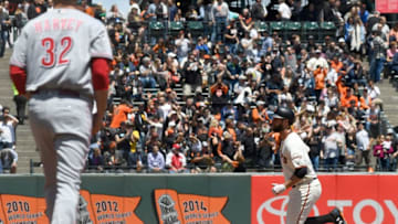 SAN FRANCISCO, CA - MAY 16: Brandon Belt #9 of the San Francisco Giants trots around the bases after hitting a solo home run off of Matt Harvey #32 of the Cincinnati Reds in the bottom of the third inning at AT&T Park on May 16, 2018 in San Francisco, California. (Photo by Thearon W. Henderson/Getty Images)