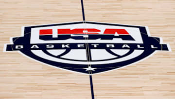 LAS VEGAS, NEVADA - JULY 16: A USA Basketball logo is shown on center court before an exhibition game between the Australia Opals and the United States at Michelob ULTRA Arena ahead of the Tokyo Olympic Games on July 16, 2021 in Las Vegas, Nevada. (Photo by Ethan Miller/Getty Images)