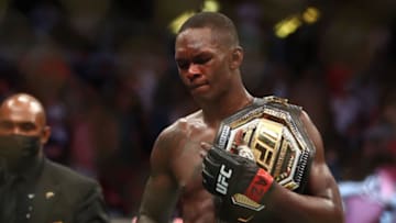 Jun 12, 2021; Glendale, Arizona, USA; Israel Adesanya reacts following his victory against Marvin Vettori during UFC 263 at Gila River Arena. Mandatory Credit: Mark J. Rebilas-USA TODAY Sports