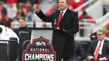 ATHENS, GA - JANUARY 15: Head coach Kirby Smart of the Georgia Bulldogs speaks during the celebration honoring the Georgia Bulldogs national championship victory on January 15, 2022 in Athens, Georgia. (Photo by Todd Kirkland/Getty Images)