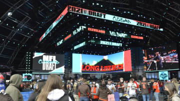 CLEVELAND, OHIO - MAY 01: Fans waiting for Machine Gun Kelly to perform onstage after the final round of the 2021 NFL Draft at the Great Lakes Science Center on May 01, 2021 in Cleveland, Ohio. (Photo by Duane Prokop/Getty Images)
