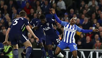 BRIGHTON, ENGLAND - APRIL 17: Jose Izquierdo of Brighton and Hove Albion is fouled by Serge Aurier of Tottenham Hotspur which leads to Brighton and Hove Albion being awarded a penalty during the Premier League match between Brighton and Hove Albion and Tottenham Hotspur at Amex Stadium on April 17, 2018 in Brighton, England. (Photo by Bryn Lennon/Getty Images)