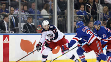 NEW YORK, NEW YORK - DECEMBER 27: Josh Anderson #77 of the Columbus Blue Jackets skates against the New York Rangers at Madison Square Garden on December 27, 2018 in New York City. The Blue Jackets defeated the Rangers 3-2 in overtime. (Photo by Bruce Bennett/Getty Images)