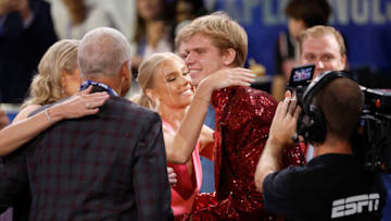 NEW YORK, NEW YORK - JUNE 22: Gradey Dick celebrates after being drafted 13th overall pick by the Toronto Raptors during the first round of the 2023 NBA Draft at Barclays Center on June 22, 2023 in the Brooklyn borough of New York City. NOTE TO USER: User expressly acknowledges and agrees that, by downloading and or using this photograph, User is consenting to the terms and conditions of the Getty Images License Agreement. (Photo by Sarah Stier/Getty Images)