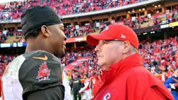 Nov 20, 2016; Kansas City, MO, USA; Tampa Bay Buccaneers quarterback Jameis Winston (3) talks with Kansas City Chiefs head coach Andy Reid after the game at Arrowhead Stadium. Tampa Bay won 19-17. Mandatory Credit: Denny Medley-USA TODAY Sports