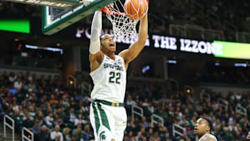 EAST LANSING, MI - NOVEMBER 19: Miles Bridges #22 of the Michigan State Spartans dunks during the game against the Stony Brook Seawolves at Breslin Center on November 19, 2017 in East Lansing, Michigan. (Photo by Rey Del Rio/Getty Images)