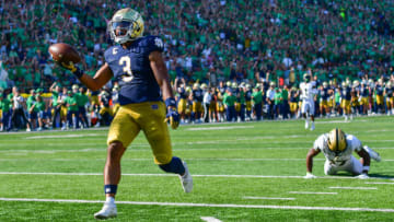 oSep 18, 2021; South Bend, Indiana, USA; Notre Dame Fighting Irish wide receiver Avery Davis (3) runs Into the end zone for a touchdown in front of Purdue Boilermakers safety Chris Jefferson (17) in the third quarter at Notre Dame Stadium. Mandatory Credit: Matt Cashore-USA TODAY Sports