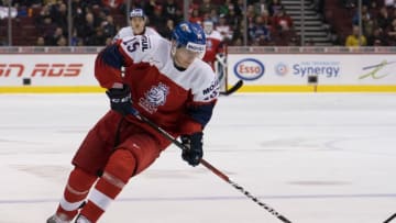 VANCOUVER, BC - DECEMBER 26: Jakub Lauko #15 of the Czech Republic skates with the puck in Group A hockey action against Switzerland at the 2019 IIHF World Junior Championship action on December, 26, 2018 at Rogers Arena in Vancouver, British Columbia, Canada. (Photo by Rich Lam/Getty Images)