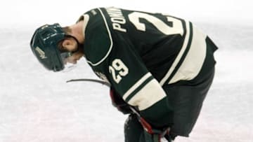 Apr 24, 2016; Saint Paul, MN, USA; Minnesota Wild forward Jason Pominville (29) reacts after the loss to Dallas Stars in game six of the first round of the 2016 Stanley Cup Playoffs at Xcel Energy Center. The Stars win 5-4 over the Wild. Mandatory Credit: Marilyn Indahl-USA TODAY Sports