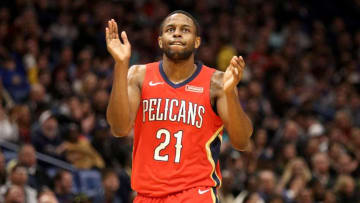 NEW ORLEANS, LA - DECEMBER 27: Darius Miller #21 of the New Orleans Pelicans reacts after a shot against the Brooklyn Nets at the Smoothie King Center on December 27, 2017 in New Orleans, Louisiana. (Photo by Chris Graythen/Getty Images)