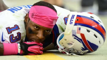 Oct. 14, 2012; Glendale, AZ, USA; Buffalo Bills wide receiver (13) Stevie Johnson stretches on the sidelines in the second half against the Arizona Cardinals at University of Phoenix Stadium. The Bills defeated the Cardinals 19-16 in overtime. Mandatory Credit: Mark J. Rebilas-USA TODAY Sports