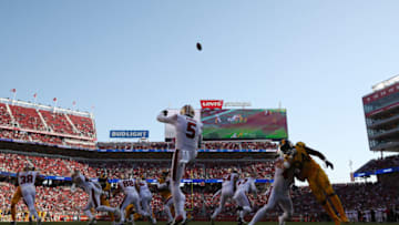 SANTA CLARA, CA - OCTOBER 21: Bradley Pinion #5 of the San Francisco 49ers punts from the endzone against the Los Angeles Rams during their NFL game at Levi's Stadium on October 21, 2018 in Santa Clara, California. (Photo by Ezra Shaw/Getty Images)