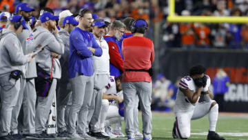 Buffalo Bills linebacker Tyrel Dodson (53) reacts to the injury of safety Damar Hamlin. (Joseph Maiorana-USA TODAY Sports)