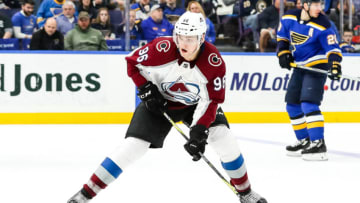 ST. LOUIS, MO - MARCH 15: Colorado Avalanche's Mikko Rantanen looks to take a shot during the second period of an NHL hockey game between the St. Louis Blues and the Colorado Avalanche on March 15, 2018, at Scottrade Center in St. Louis, MO. (Photo by Tim Spyers/Icon Sportswire via Getty Images)