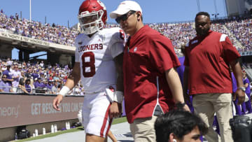 Oct 1, 2022; Fort Worth, Texas, USA; Oklahoma Sooners quarterback Dillon Gabriel (8) heads to the locker room during the first half against the TCU Horned Frogs at Amon G. Carter Stadium. Mandatory Credit: Kevin Jairaj-USA TODAY Sports