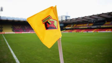 WATFORD, ENGLAND - DECEMBER 20: A general view of the corner flag and stadium prior to the Barclays Premier League match between Watford and Liverpool at Vicarage Road on December 20, 2015 in Watford, England. (Photo by Ian Walton/Getty Images)