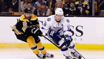 BOSTON, MA - APRIL 04: Tampa Bay Lightning left wing Ondrej Palat (18)skates away from Boston Bruins right wing Drew Stafford (19) during a regular season NHL game between the Boston Bruins and the Tampa Bay Lightning on April 4, 2017, at TD Garden in Boston, Massachusetts. The Bruins defeated the Lightning 4-0. (Photo by Fred Kfoury III/Icon Sportswire via Getty Images)