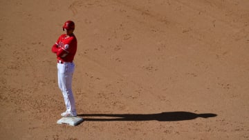 Sep 19, 2022; Anaheim, California, USA; Los Angeles Angels designated hitter Shohei Ohtani (17) on second during a stoppage in play in the eighth inning at Angel Stadium. Mandatory Credit: Gary A. Vasquez-USA TODAY Sports