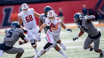 Oct 19, 2019; Champaign, IL, USA; Wisconsin Badgers running back Garrett Groshek (37) runs the ball against the Illinois Fighting Illini during a game at Memorial Stadium. Mandatory Credit: Patrick Gorski-USA TODAY Sports