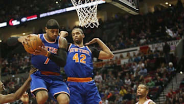 Dec 12, 2015; Portland, OR, USA; New York Knicks forward Lance Thomas (42) steps out of the way after Knicks