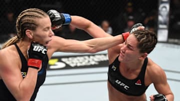 TORONTO, CANADA - DECEMBER 08: (R-L) Jessica Eye and Katlyn Chookagian exchange punches in their flyweight fight during the UFC 231 event at Scotiabank Arena on December 8, 2018 in Toronto, Canada. (Photo by Josh Hedges/Zuffa LLC/Zuffa LLC via Getty Images)