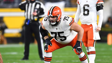 PITTSBURGH, PA - JANUARY 03: Joel Bitonio #75 of the Cleveland Browns in action during the game against the Pittsburgh Steelers at Heinz Field on January 3, 2022 in Pittsburgh, Pennsylvania. (Photo by Joe Sargent/Getty Images)