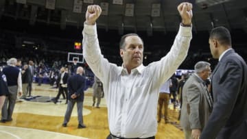 SOUTH BEND, IN - FEBRUARY 07: Head coach Mike Brey of the Notre Dame Fighting Irish celebrates following the game against the Wake Forest Demon Deacons at Purcell Pavilion on February 7, 2017 in South Bend, Indiana. (Photo by Michael Hickey/Getty Images)