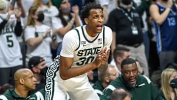Michigan State's Marcus Bingham Jr. cheers on the team during the second half in the game against Wisconsin on Tuesday, Feb. 8, 2022, at the Breslin Center in East Lansing.220208 Msu Wisconsin 124a