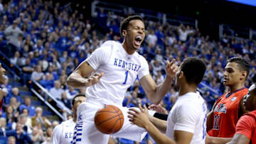 LEXINGTON, KY - JANUARY 02: Skal Labissiere #1 of the Kentucky Wildcats celebrates after dunking the ball against the Mississippi Rebels at Rupp Arena on January 2, 2016 in Lexington, Kentucky. (Photo by Andy Lyons/Getty Images)
