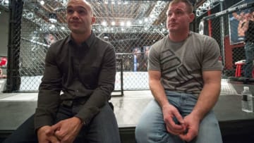 LAS VEGAS, NV - FEBRUARY 5: (L-R) UFC welterweight champion Robbie Lawlor and UFC Hall of Fame fighter Matt Hughes wait for the fight to begin during the filming of The Ultimate Fighter: Team Joanna vs Team Claudia at the UFC TUF Gym on February 5, 2016 in Las Vegas, Nevada. (Photo by Brandon Magnus/Zuffa LLC/Zuffa LLC via Getty Images)