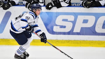 BOISBRIAND, QC - SEPTEMBER 27: Hendrix Lapierre #92 of the Chicoutimi Sagueneens skates the puck against the Blainville-Boisbriand Armada at Centre d'Excellence Sports Rousseau on September 27, 2019 in Boisbriand, Quebec, Canada. The Chicoutimi Sagueneens defeated the Blainville-Boisbriand Armada 4-3 in a shoot-out. (Photo by Minas Panagiotakis/Getty Images)