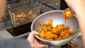 SHREVEPORT, LA - JUNE 29: A view of a Wings being fried at Pizza Hut on June 29, 2018 in Shreveport, Louisiana. (Photo by Shannon O'Hara/Getty Images for Pizza Hut)