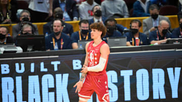 Feb 20, 2022; Cleveland, Ohio, USA; Team Durant guard LaMelo Ball (2) reacts in the fourth quarter against Team LeBron during the 2022 NBA All-Star Game at Rocket Mortgage FieldHouse. Mandatory Credit: David Richard-USA TODAY Sports